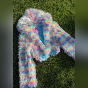 Space Island Frosted Rainbow Crop Faux Fur Coat Pastel Hooded Medium Like New